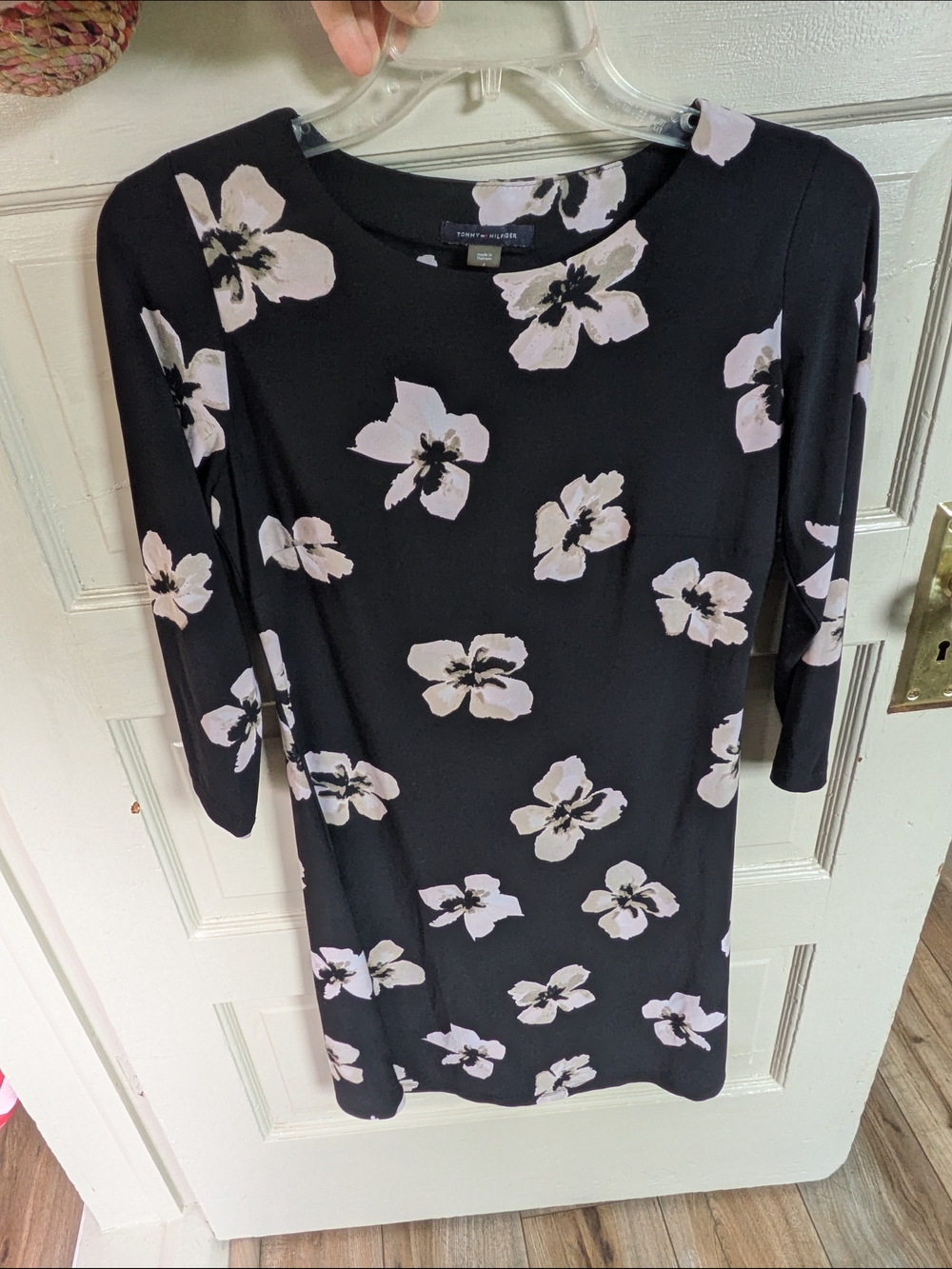 Tommy Hilfiger Black Midi Dress with Soft Pink Floral Print